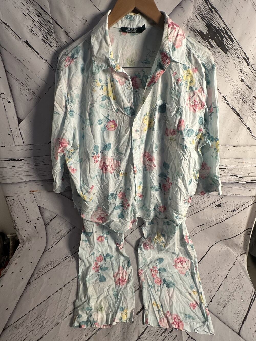 Lauren Ralph Lauren Pajama Set Women's Size XL Light Blue Floral Sleepwear Set